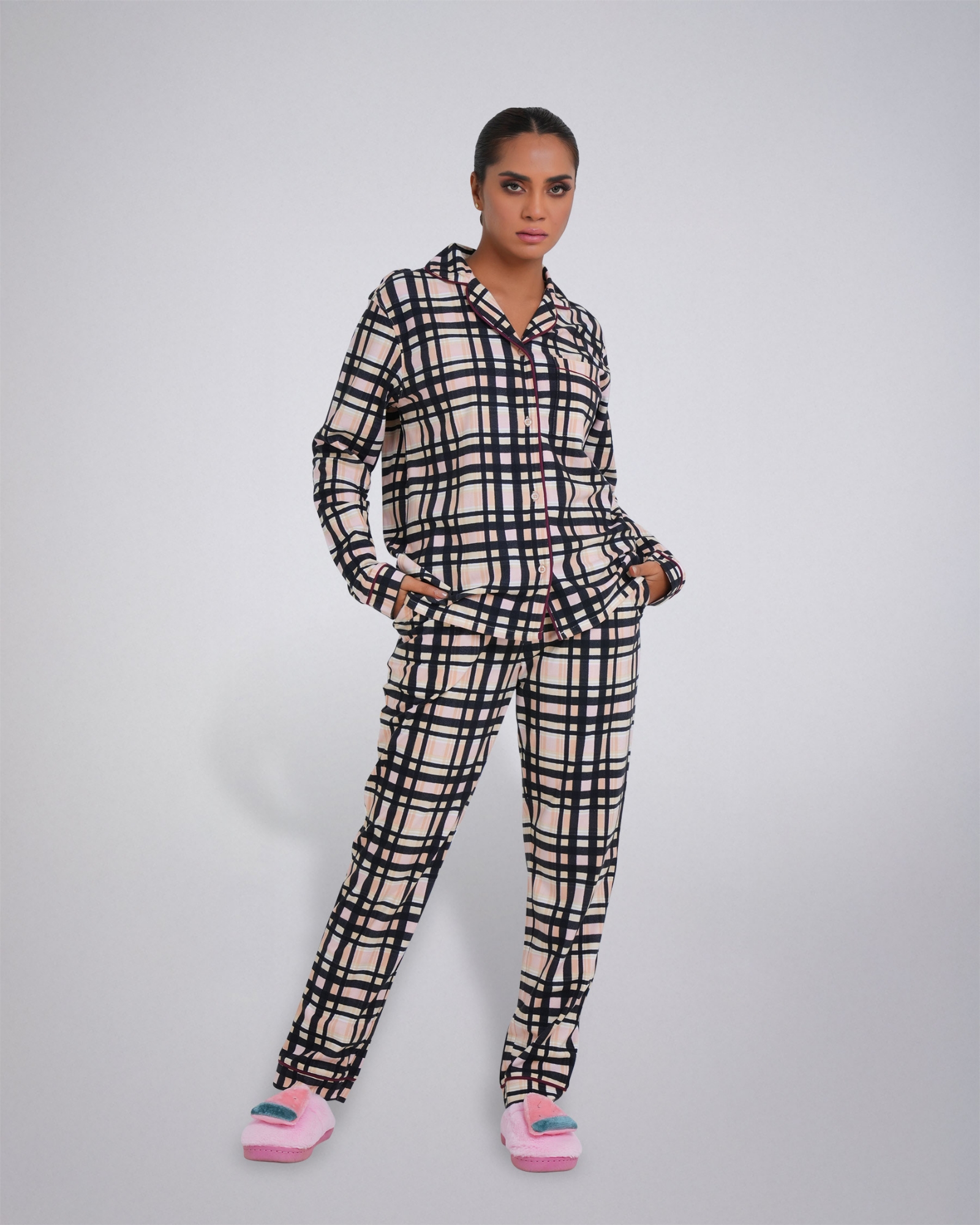 Picture of Leafletic Women's Check Print Sleepwear Set | Long-Sleeve Button-Down Shirt & Matching Trousers | Soft & Comfortable Nightwear | Loungewear Pajama Set | Two-Piece Night Suit