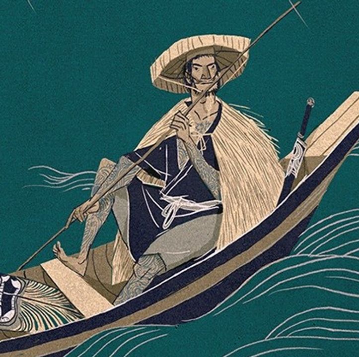 Ảnh về Trần Khánh Dư trên chiếc thuyền nhỏ, đội nón lá, mặc áo ngắn sau khi trở về quê làm nghề bán than (nguồn: Internet)