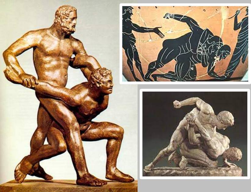 Phong cách khóa siết "submission" của Pankration được mô tả thông qua các bức tượng điêu khắc, hoạ tiết gốm sứ…