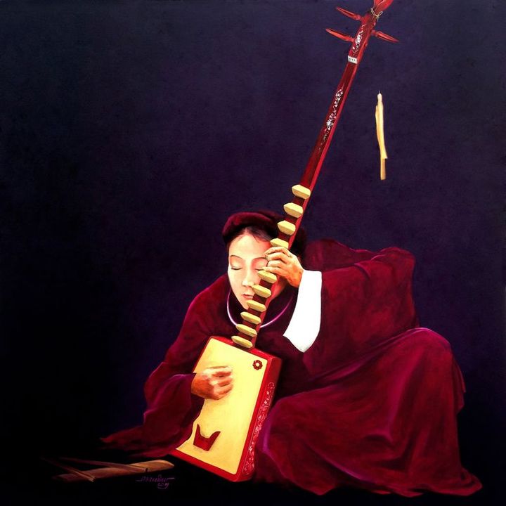 Tranh vẽ người chơi đàn đáy.