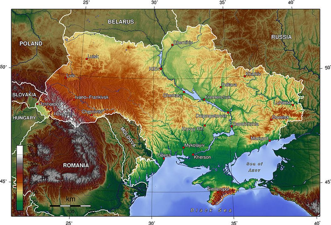 Bản đồ địa hình Ukraine. Nguồn: Ukraine - Wikipedia.
