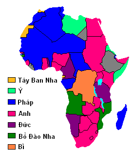 <i>Sự thống trị của các nước thực dân châu Âu với châu Phi (hai khoảng màu xám là Liberia và Ethiopia, hai quốc gia độc lập)</i>