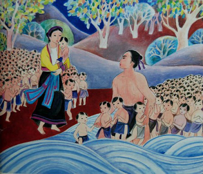 <i>Lạc Long Quân và Âu cơ chia trăm con lên núi và xuống biển.</i>
