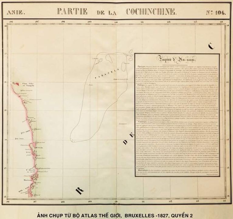 Ảnh chụp từ bộ Atlas thế giới, Brussels 1827, quyển 2, trong đó khẳng định Hoàng Sa thuộc chủ quyền An Nam (Việt Nam).