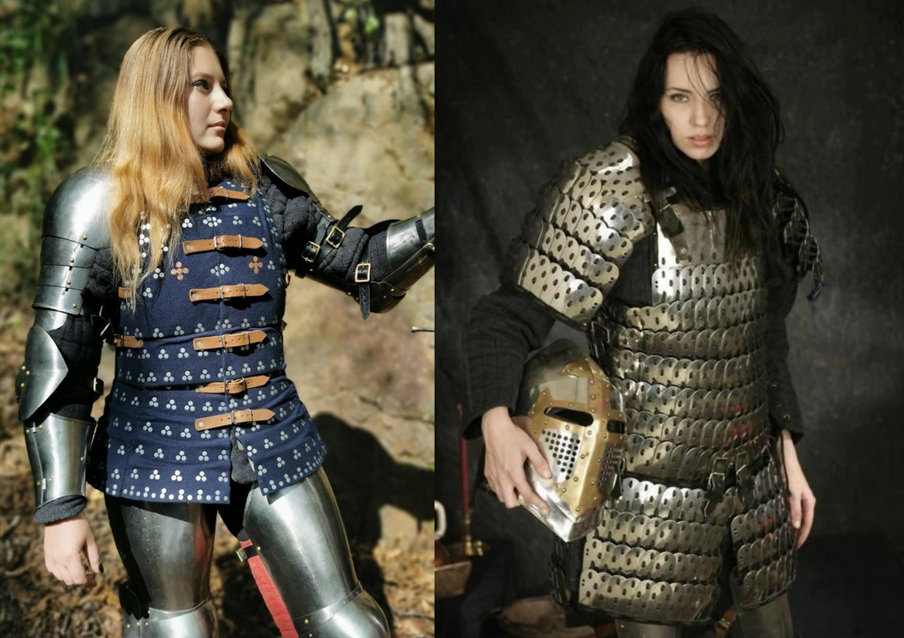 Brigandine màu xanh (trái) và Lamellar (phải) với các miếng giáp xếp chồng mái ngói.