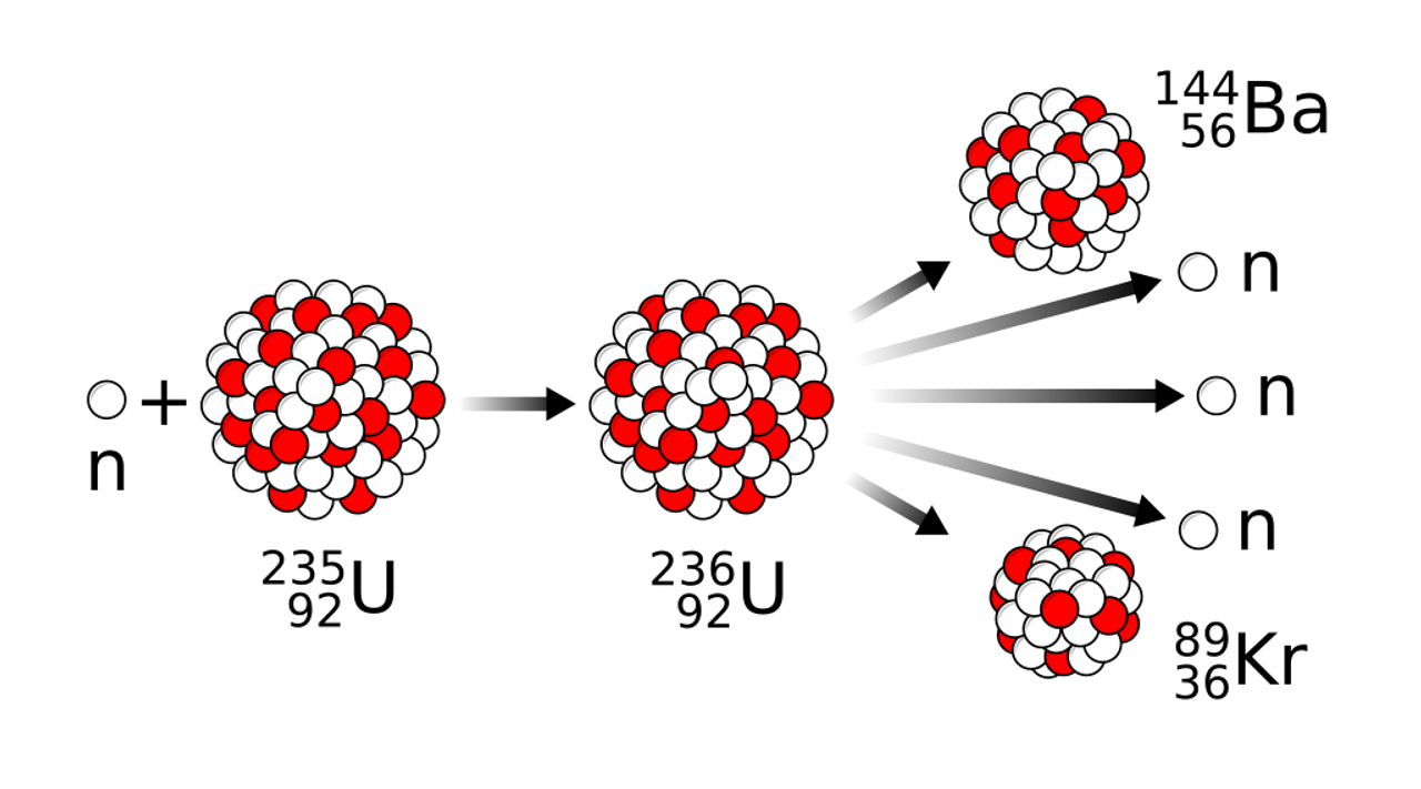 Hạt nhân uranium-235 hấp thụ neutron, vỡ ra tạo thành barium-144, kryptonium-89, và ba hạt neutron nữa (nguồn: Discovery of Nuclear Fission - Wikipedia).