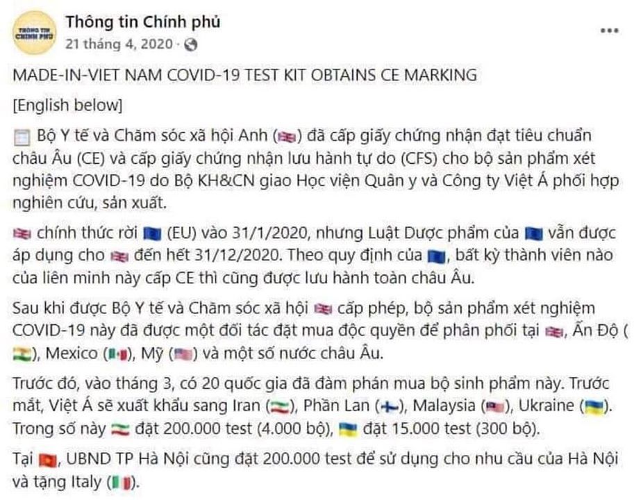 Bài đăng trên trang Facebook Thông tin Chính phủ (đã xóa)