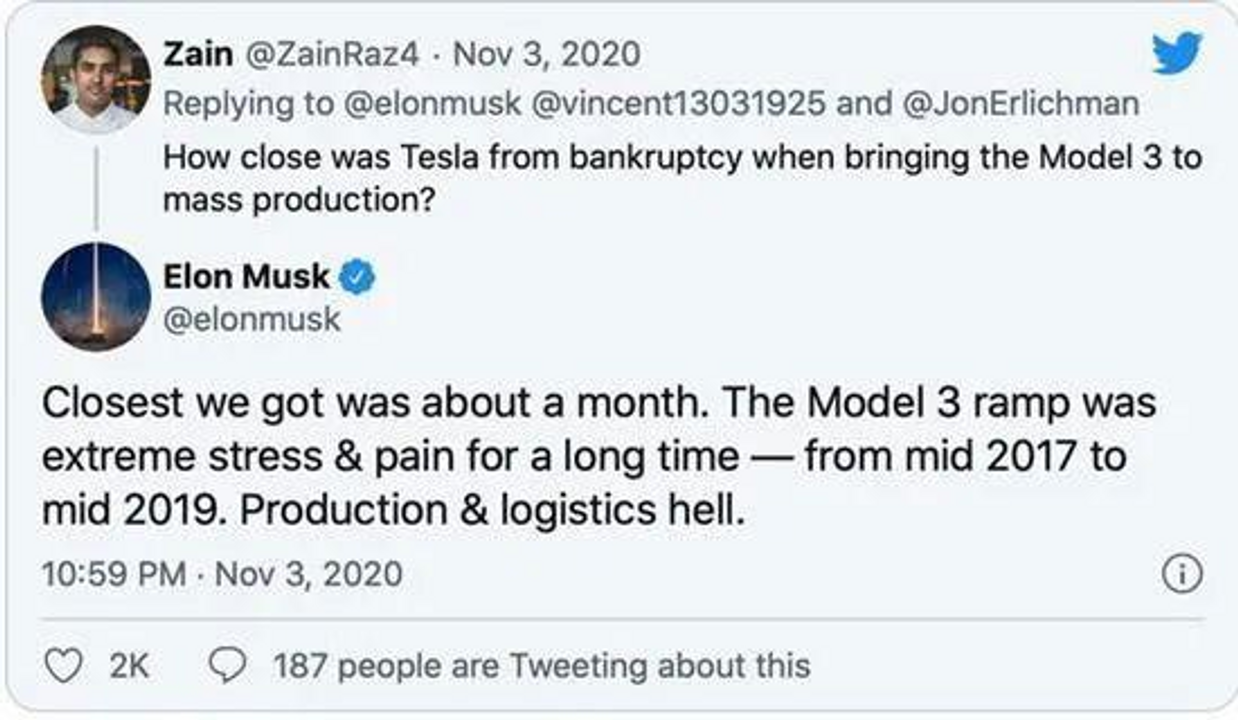 Elon Musk viết trên Twitter rằng khi đó họ chỉ còn cách bờ vực phá sản khoảng 1 tháng