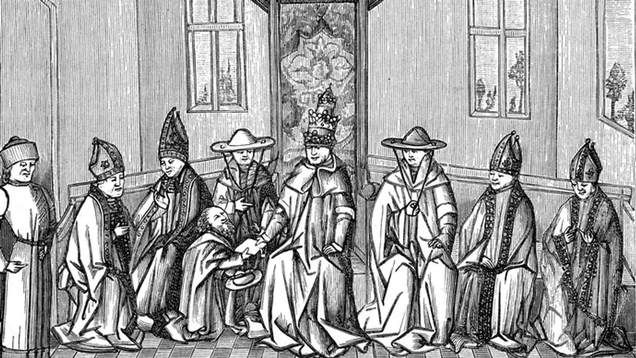 Peter the Hermit trình bày Urban II với một lời thỉnh cầu khi ông trở về từ một cuộc hành hương đến Đất Thánh.