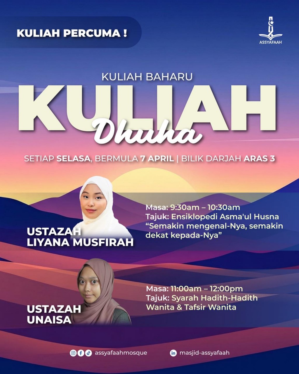Kuliah Dhuha bersama Ustazah Liyana Musfirah dan Ustazah Unaisa