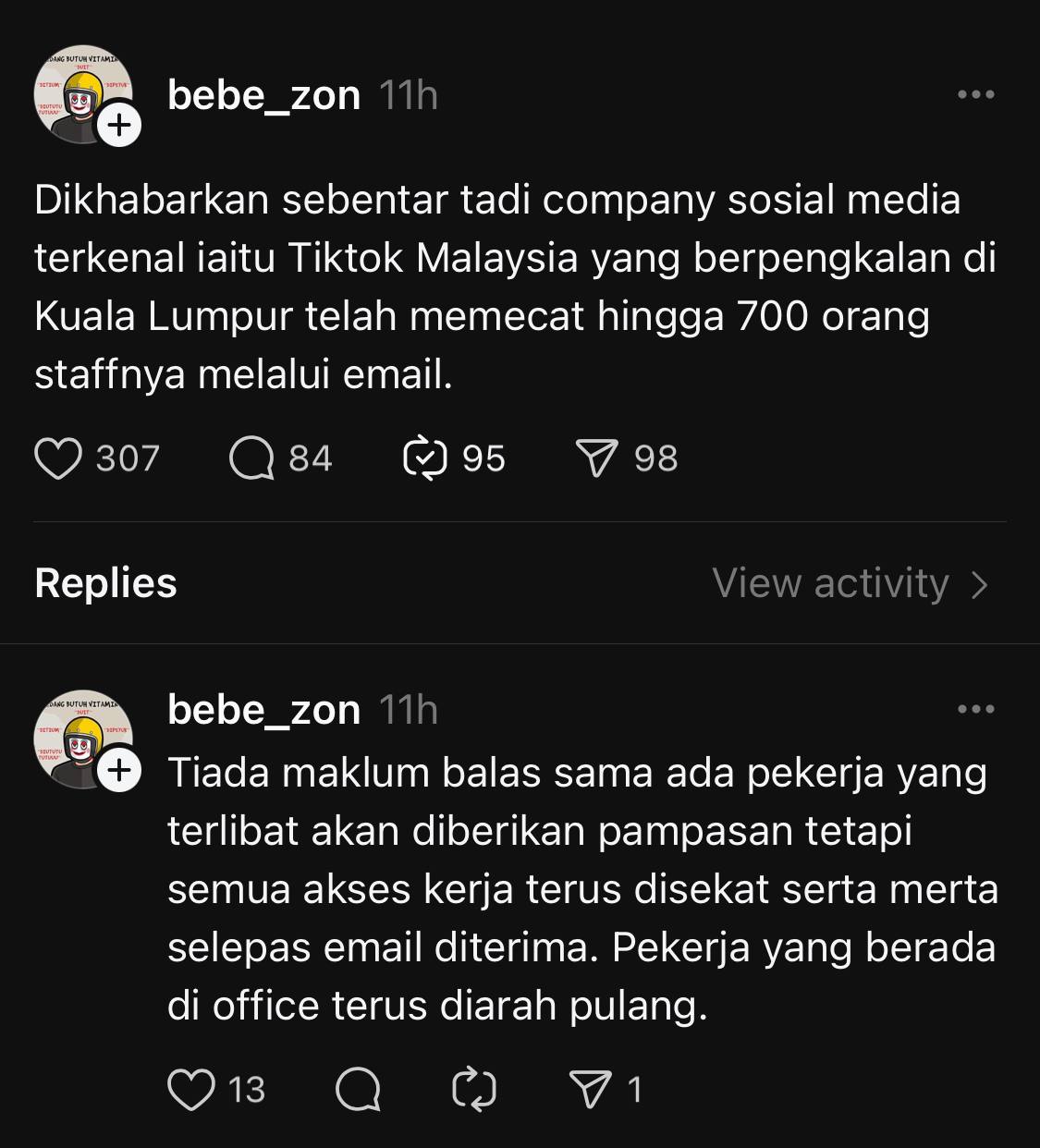 Threads Post Claims 700 Employees Laid Off by TikTok Malaysia