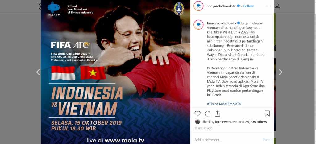 jadwal pertandingan indonesia vs vietnam di mola tv