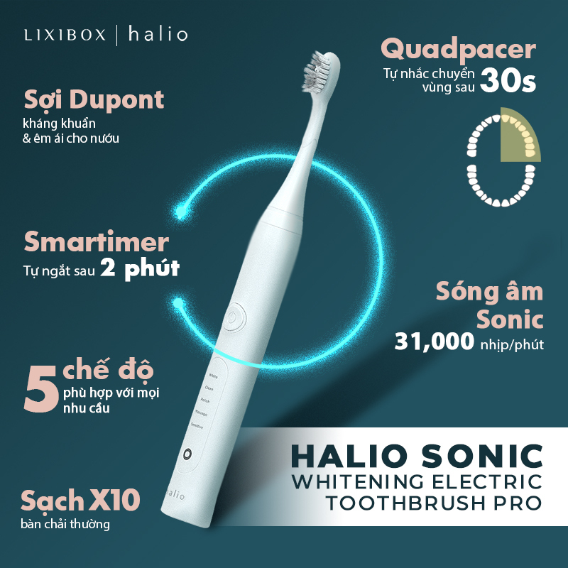 Bàn chải điện trắng sáng Halio Sonic với công nghệ sóng âm 31.000 nhịp/phút, chế độ Smartimer tự ngắt sau 2 phút, thiết kế 5 chế độ, phù hợp với mọi nhu cầu chăm sóc răng miệng. Thương hiệu Halio nổi tiếng trong ngành làm đẹp.