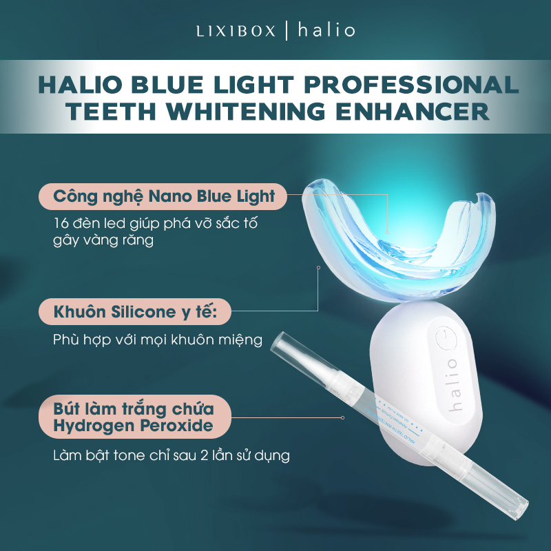 Discover sản phẩm máy làm trắng răng Halio với công nghệ Nano Blue Light, khuôn silicone y tế, và bút làm trắng chứa Hydrogen Peroxide, tối ưu cho việc chăm sóc răng miệng đúng cách từ thương hiệu Halio.