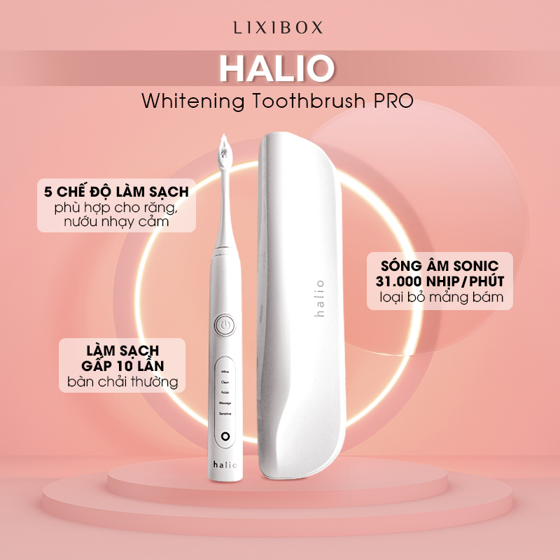 Bàn chải điện Halio Whitening Toothbrush PRO với 5 chế độ làm sạch, sóng âm 31.000 nhịp/phút, mang lại hiệu quả làm sạch răng miệng gấp 10 lần so với bàn chải thường. Sản phẩm hoàn hảo cho việc chăm sóc bản thân tại nhà.