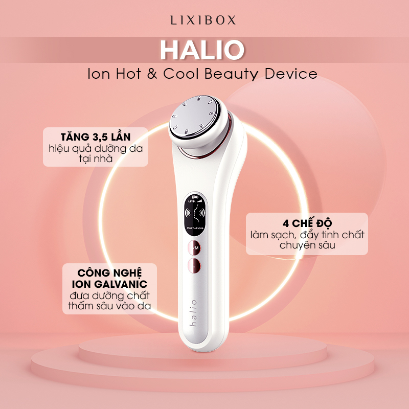 Máy làm đẹp Halio Ion Hot & Cool với công nghệ Ion Galvanic, giúp tăng 3,5 lần hiệu quả dưỡng da tại nhà, gồm 4 chế độ làm sạch và đẩy tinh chất, lý tưởng cho việc chăm sóc bản thân hiệu quả và tiết kiệm.