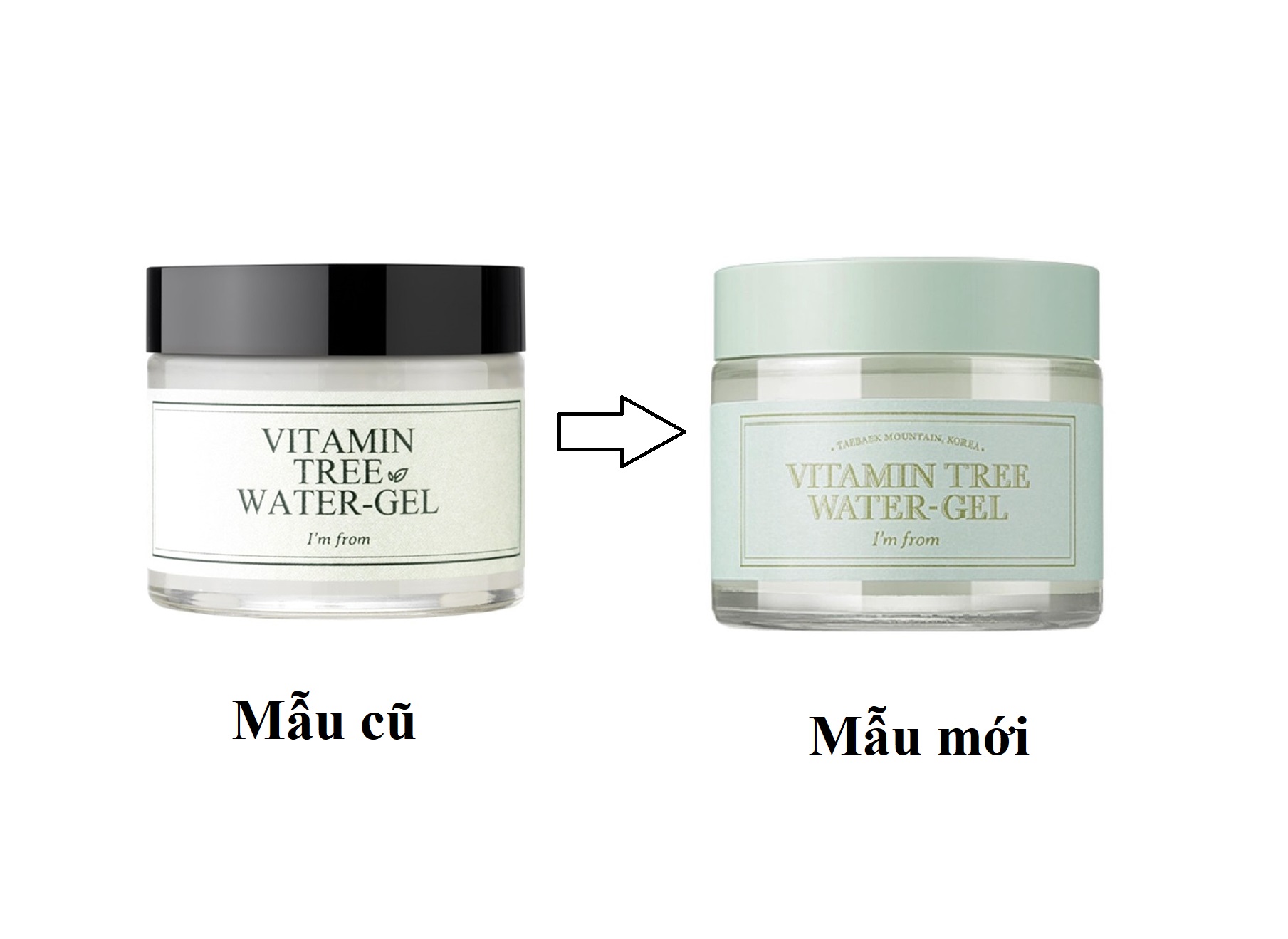 Hai mẫu kem dưỡng I'm From Vitamin Tree Water Gel, một mẫu cũ và một mẫu mới, hiển thị sự thay đổi trong thiết kế bao bì. Bài viết chia sẻ trải nghiệm về sản phẩm cho da dầu và hỗn hợp thiên dầu, kèm theo tips sử dụng.