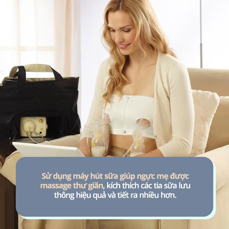 Sử dụng máy hút sữa giúp ngực mẹ được massage thư giãn, kích thích các tia sữa lưu thông hiệu quả và tiết ra nhiều hơn. Bí quyết giúp kích thích sữa mẹ cho mẹ thiếu sữa.