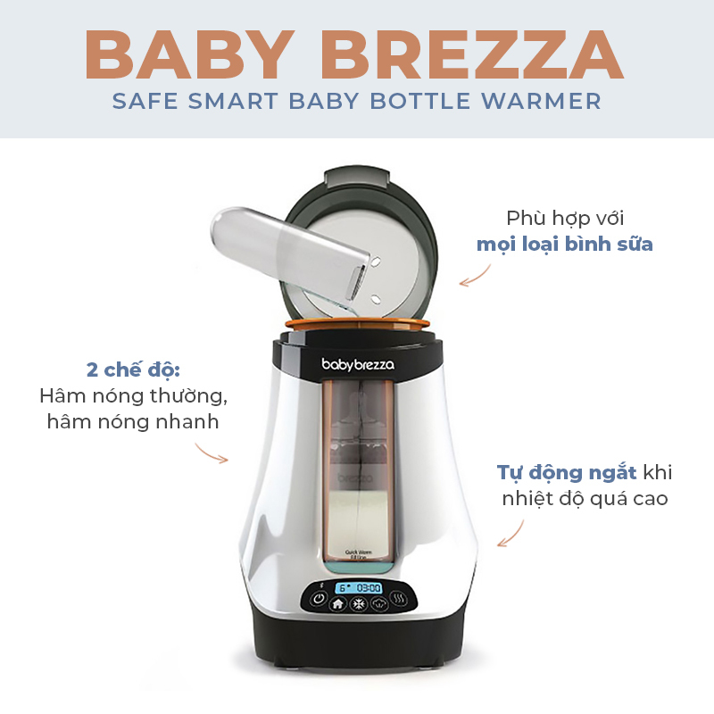 Mẫu máy hâm sữa thông minh Baby Brezza, tiện lợi cho mẹ bỉm, phù hợp với mọi loại bình sữa, với 2 chế độ hâm nóng thường và hâm nóng nhanh, tự động ngắt khi nhiệt độ quá cao.