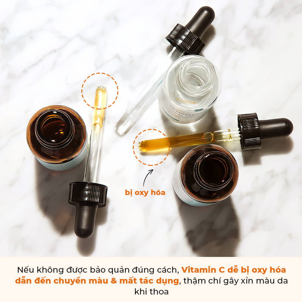 Vitamin C có thể bị oxy hóa nếu không bảo quản đúng cách, dẫn đến sạm màu da và mất tác dụng. Tổng hợp các sai lầm khi dùng serum C để dưỡng trắng da hiệu quả.