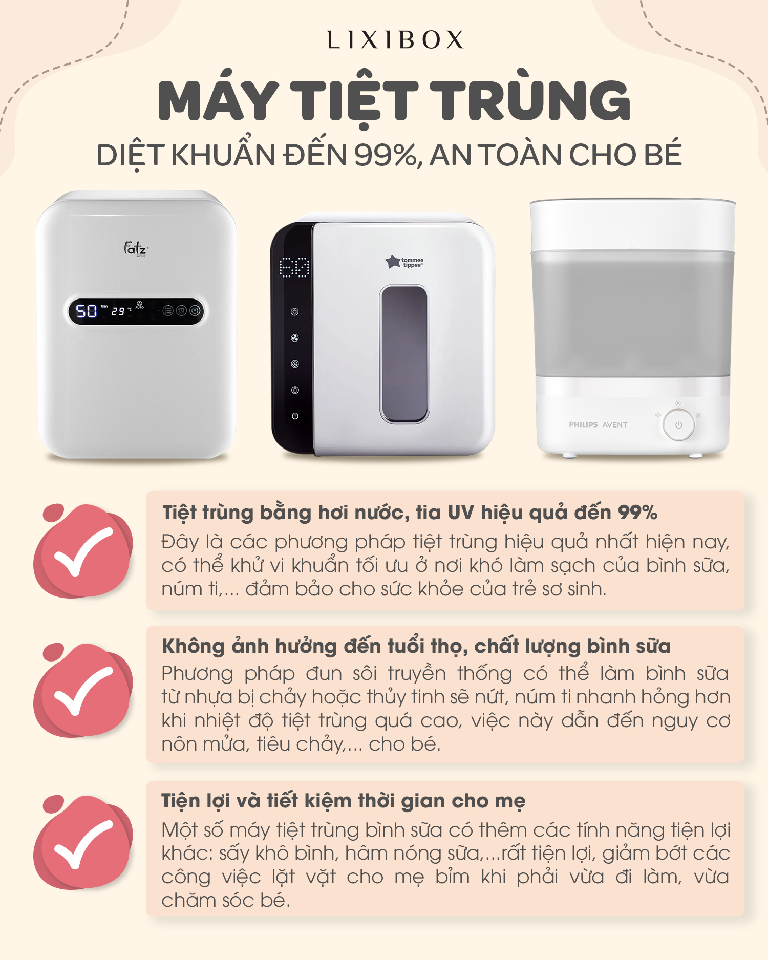 Máy tiệt trùng bình sữa với công nghệ diệt khuẩn đến 99%, gồm các loại máy tiện lợi giúp mẹ tiết kiệm thời gian và đảm bảo an toàn cho bé. Bài viết nêu 3 lợi ích của máy tiệt trùng, giải thích tại sao phương pháp truyền thống không đủ an toàn.