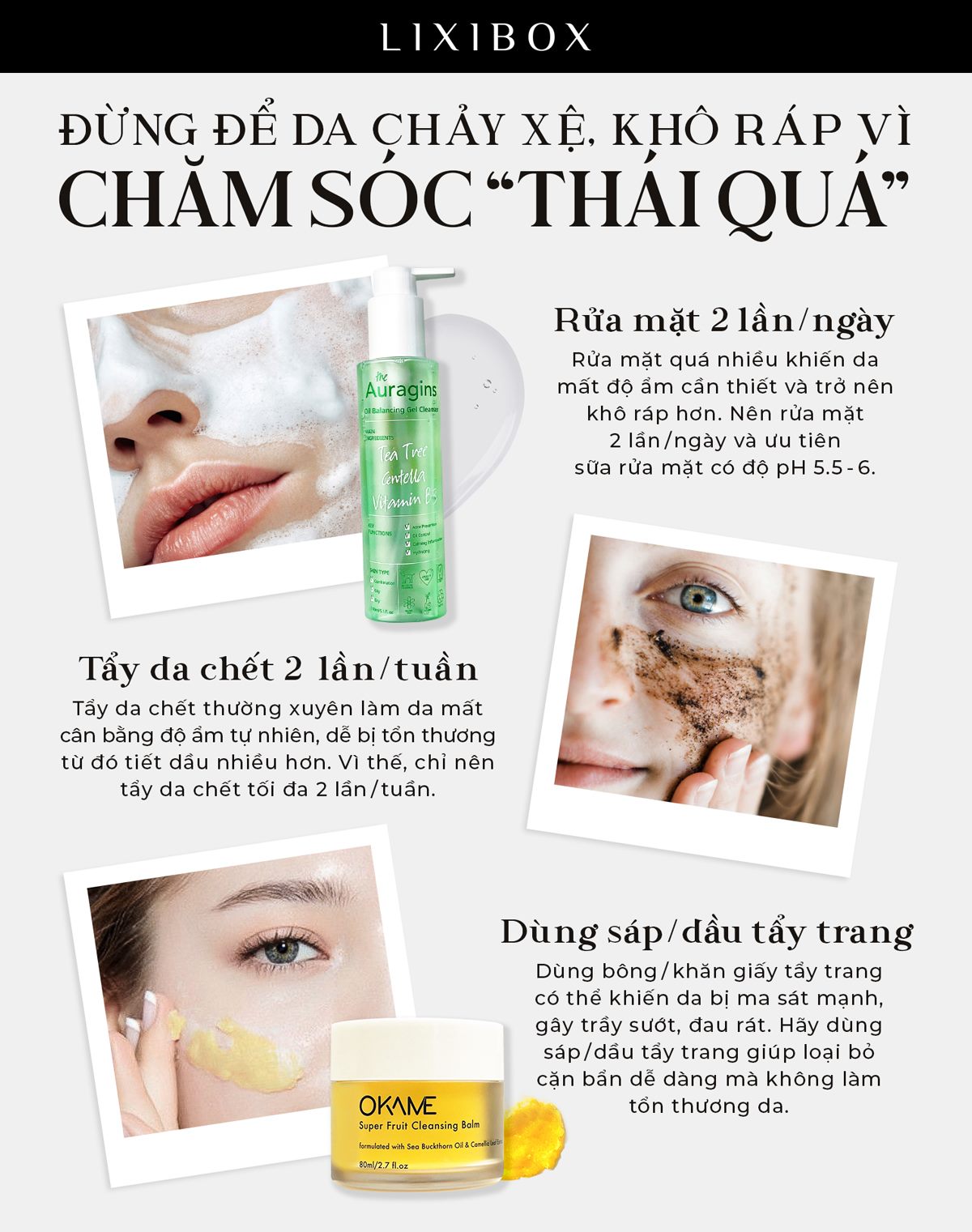 Bài viết "3 lý do khiến da chảy xệ, khô ráp dù đã chăm dưỡng kỳ công" giới thiệu cách chăm sóc da đúng cách, nhấn mạnh về sự cần thiết của các sản phẩm tẩy trang như dầu tẩy trang và sáp tẩy trang, đồng thời cảnh báo những sai lầm trong chăm sóc da có thể gây tình trạng da khô ráp.