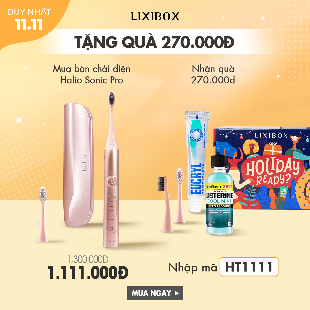 Khuyến mãi Ngày hội mua sắm 11.11: Mua bàn chải điện Halio Sonic Pro với giá 1.111.000đ, giảm 270.000đ, tặng quà hấp dẫn và vận chuyển miễn phí đơn từ 99k. Tham gia siêu sale tại Lixibox để không bỏ lỡ cơ hội tiết kiệm lớn và nhận nhiều quà từ GWP Vietnam!
