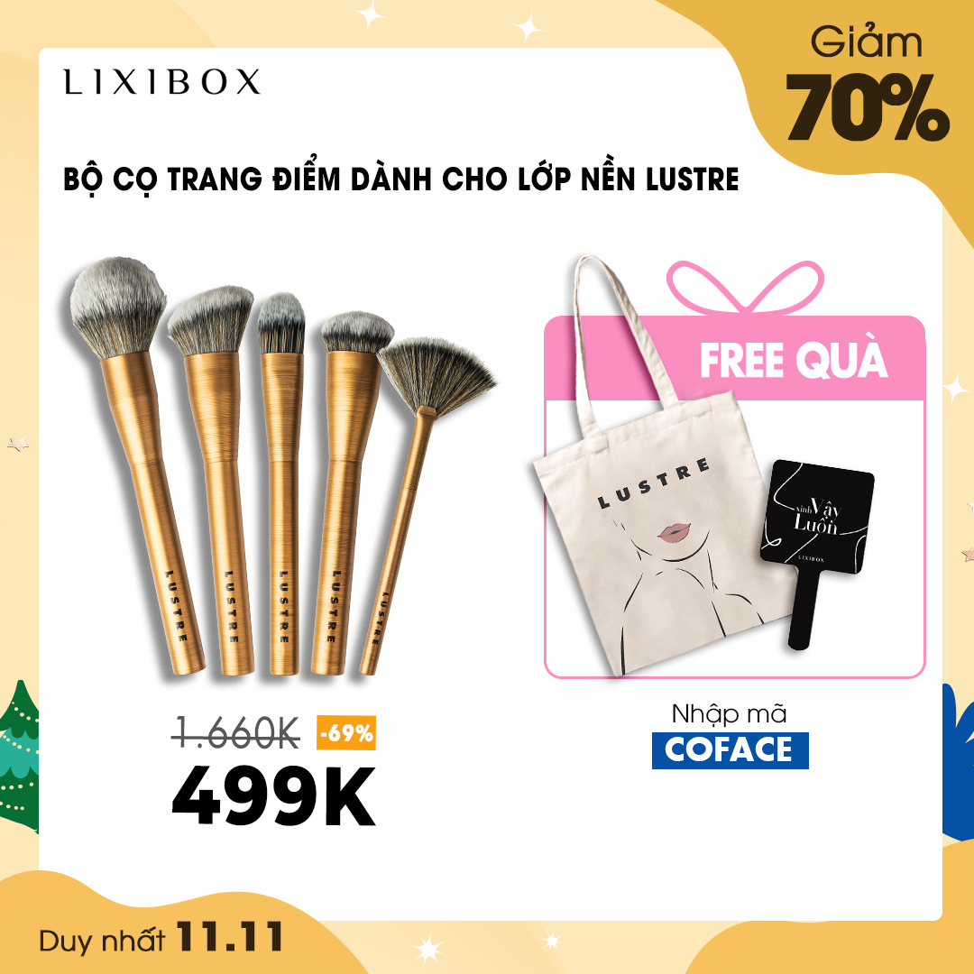 Bộ cọ trang điểm dành cho lớp nền Lustre giảm giá đến 70%, từ 1.660K còn 499K, kèm quà tặng miễn phí. Tham gia siêu sale 11.11 và nhận ưu đãi hấp dẫn từ GWP Vietnam!