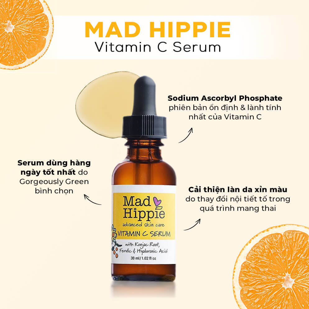 Mad Hippie Vitamin C Serum, sản phẩm chăm sóc da an toàn cho mẹ bầu. Cải thiện làn da và giữ ẩm hiệu quả, với công thức Sodium Ascorbyl Phosphate ổn định, phù hợp cho mẹ bầu trong quá trình mang thai. Khám phá mỹ phẩm tự nhiên, lành tính cho mẹ bầu.