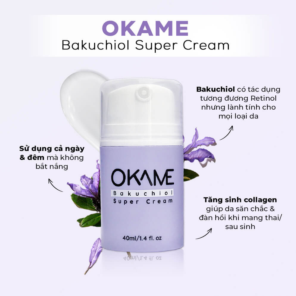Kem siêu Bakuchiol OKAME, sản phẩm chăm sóc da an toàn cho mẹ bầu, giúp tăng sinh collagen, duy trì độ chắc khỏe cho da và làm giảm tác động của thay đổi nội tiết tố trong thai kỳ.