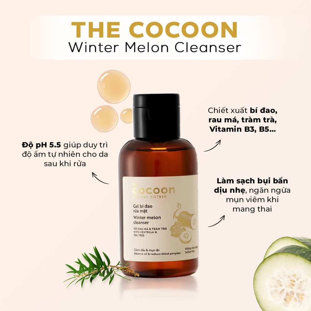 Sản phẩm gel rửa mặt bí đao của Cocoon với độ pH 5.5, chiết xuất từ bí đao, rau má và tràm trà, giúp làm sạch da và ngăn ngừa mụn viêm cho mẹ bầu. Thương hiệu mỹ phẩm tự nhiên này an toàn cho làn da nhạy cảm trong thời kỳ mang thai.