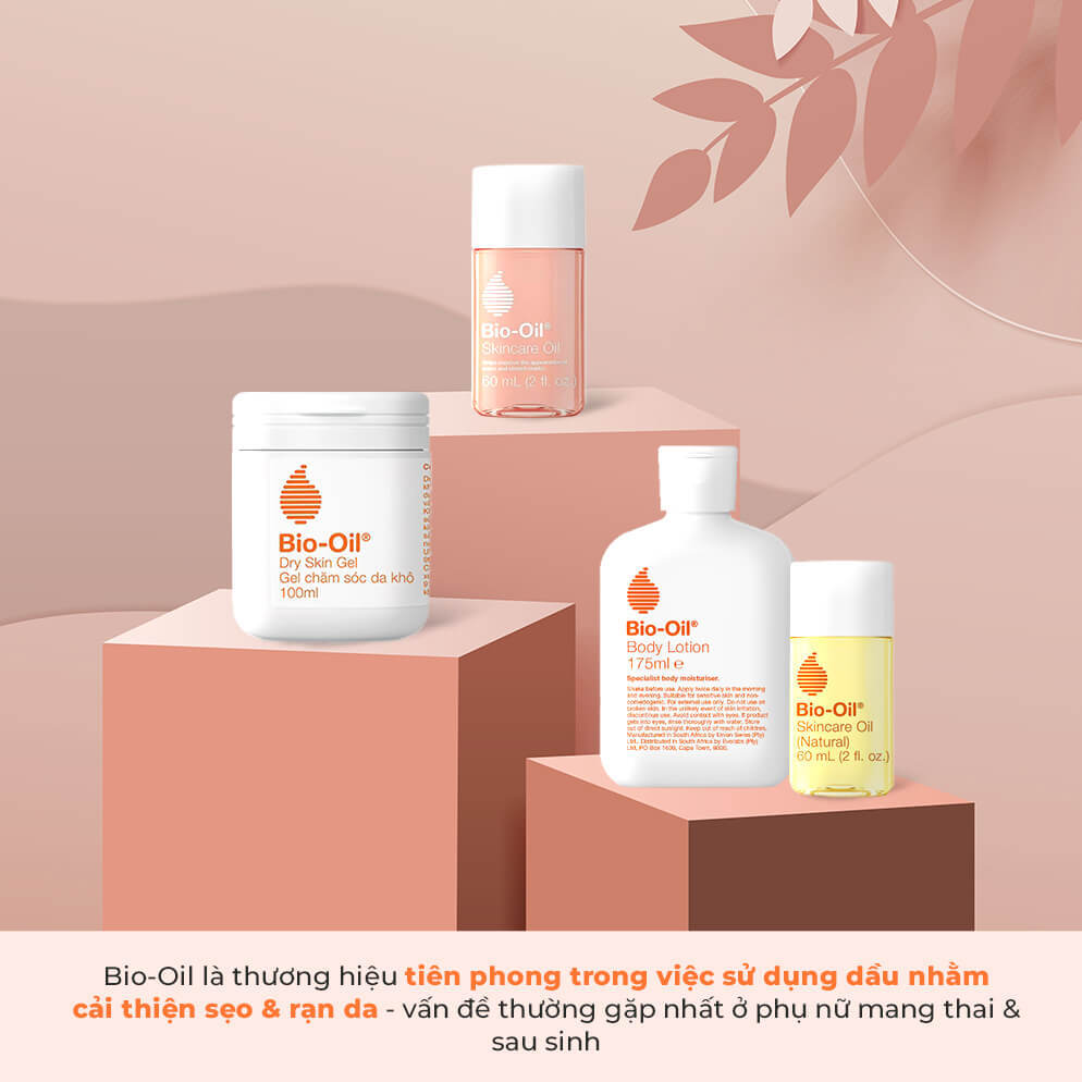 Thương hiệu Bio-Oil với các sản phẩm chăm sóc da như Gel dưỡng ẩm, Dầu chăm sóc da, và Lotion dành cho mẹ bầu nhằm cải thiện tình trạng sẹo và rạn da. Phù hợp cho mẹ bầu muốn chăm sóc da an toàn.