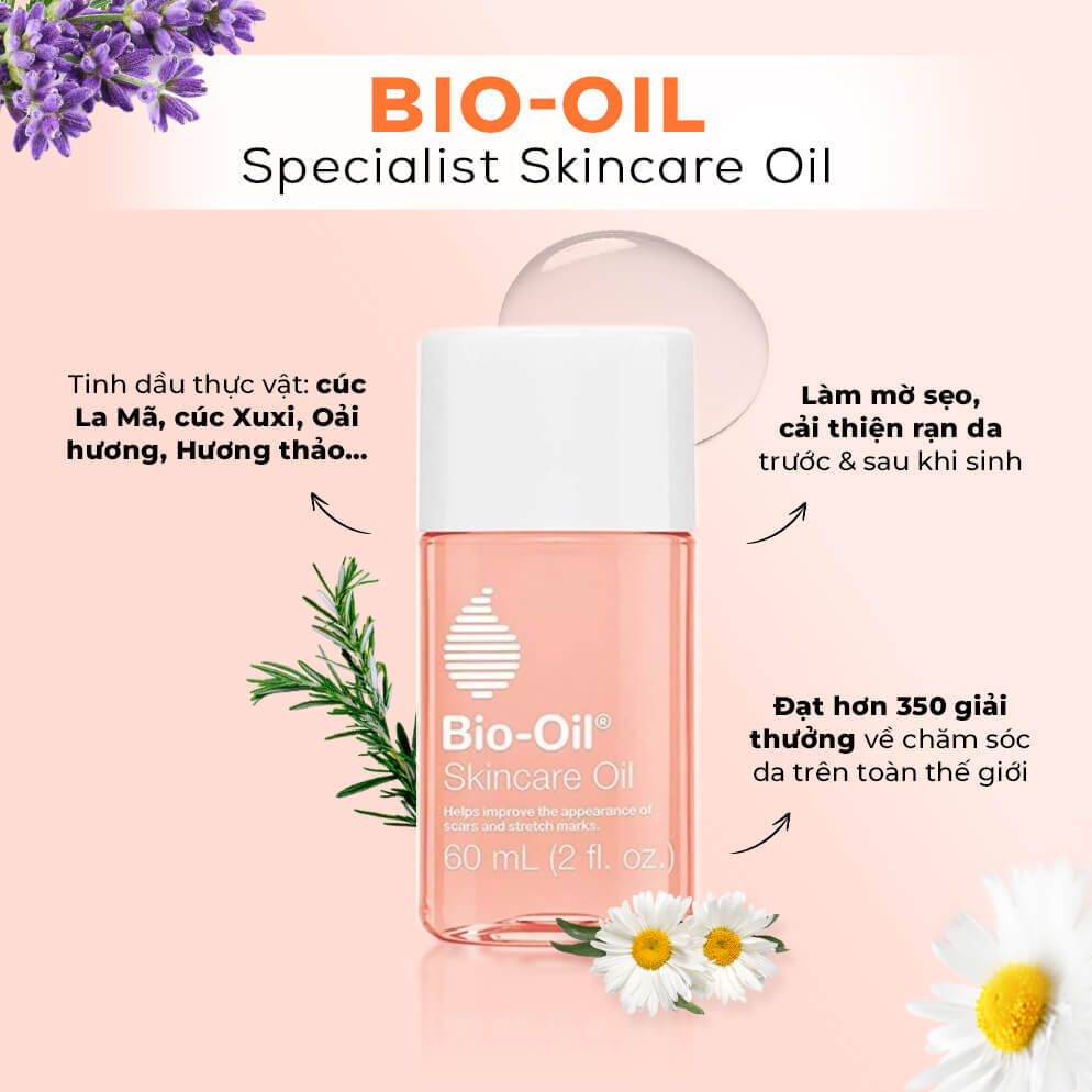 Bio-Oil là dầu chăm sóc da chuyên biệt giúp cải thiện tình trạng sẹo và rạn da, đặc biệt an toàn cho mẹ bầu. Sản phẩm chứa tinh dầu tự nhiên như cúc La Mã, cúc Xuxi, Oải hương giúp nuôi dưỡng làn da, đạt hơn 350 giải thưởng về chăm sóc da trên toàn thế giới.