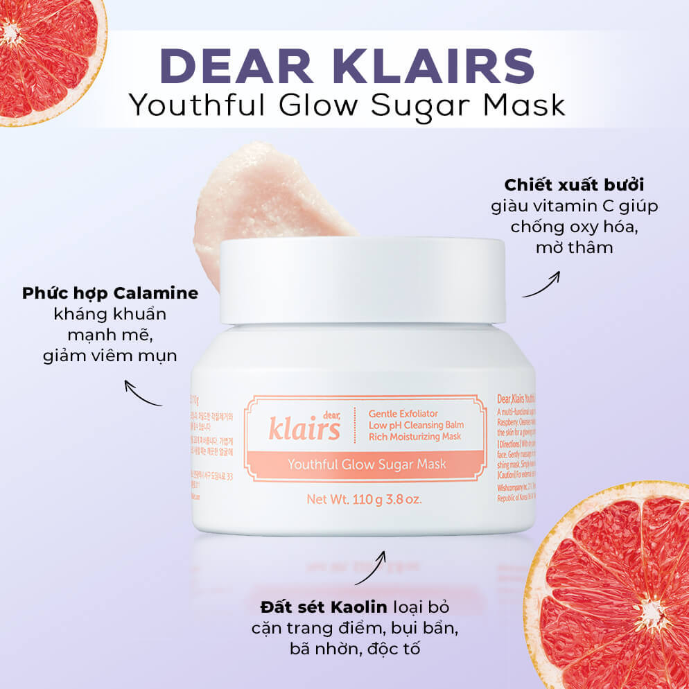 Mỹ phẩm Klairs Youthful Glow Sugar Mask, chứa chiết xuất bưởi và phức hợp Calamine giúp giảm viêm mụn. Sản phẩm an toàn cho mẹ bầu, hỗ trợ chăm sóc da khi mang thai với các thành phần tự nhiên, là lựa chọn tuyệt vời cho mẹ bầu có làn da nhạy cảm.