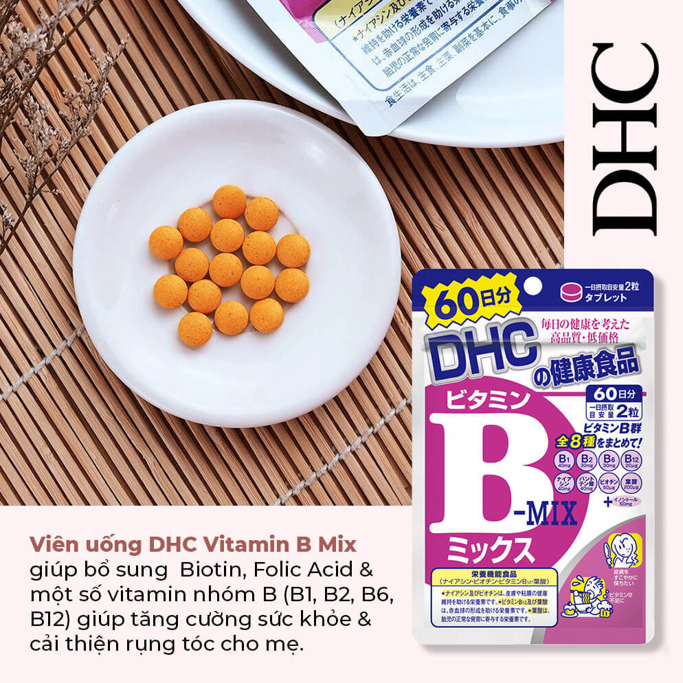 Viên uống DHC Vitamin B Mix cung cấp Biotin, Folic Acid và vitamin nhóm B giúp mẹ cải thiện tình trạng rụng tóc sau sinh. Sản phẩm lý tưởng cho mẹ bỉm sữa muốn khắc phục rụng tóc và lấy lại tự tin.