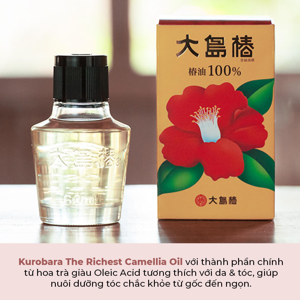 Kurobara The Richest Camellia Oil, với thành phần chính từ hoa trà giàu Oleic Acid, giúp nuôi dưỡng tóc chắc khỏe từ gốc đến ngọn, là một trong 5 mẹo đơn giản để khắc phục rụng tóc sau sinh cho mẹ, hỗ trợ ngăn rụng tóc và tóc mọc dày hơn.