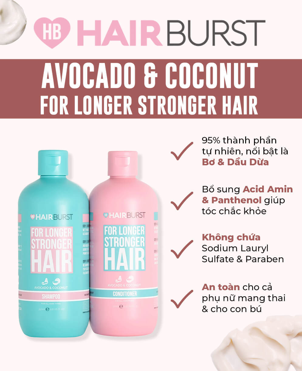 Dầu gội và dầu xả Hairburst với thành phần từ bơ và dầu dừa giúp tóc dài và chắc khỏe, không chứa Sodium Lauryl Sulfate và Paraben, an toàn cho phụ nữ mang thai và cho con bú. Giải pháp khắc phục rụng tóc sau sinh hiệu quả cho mẹ.