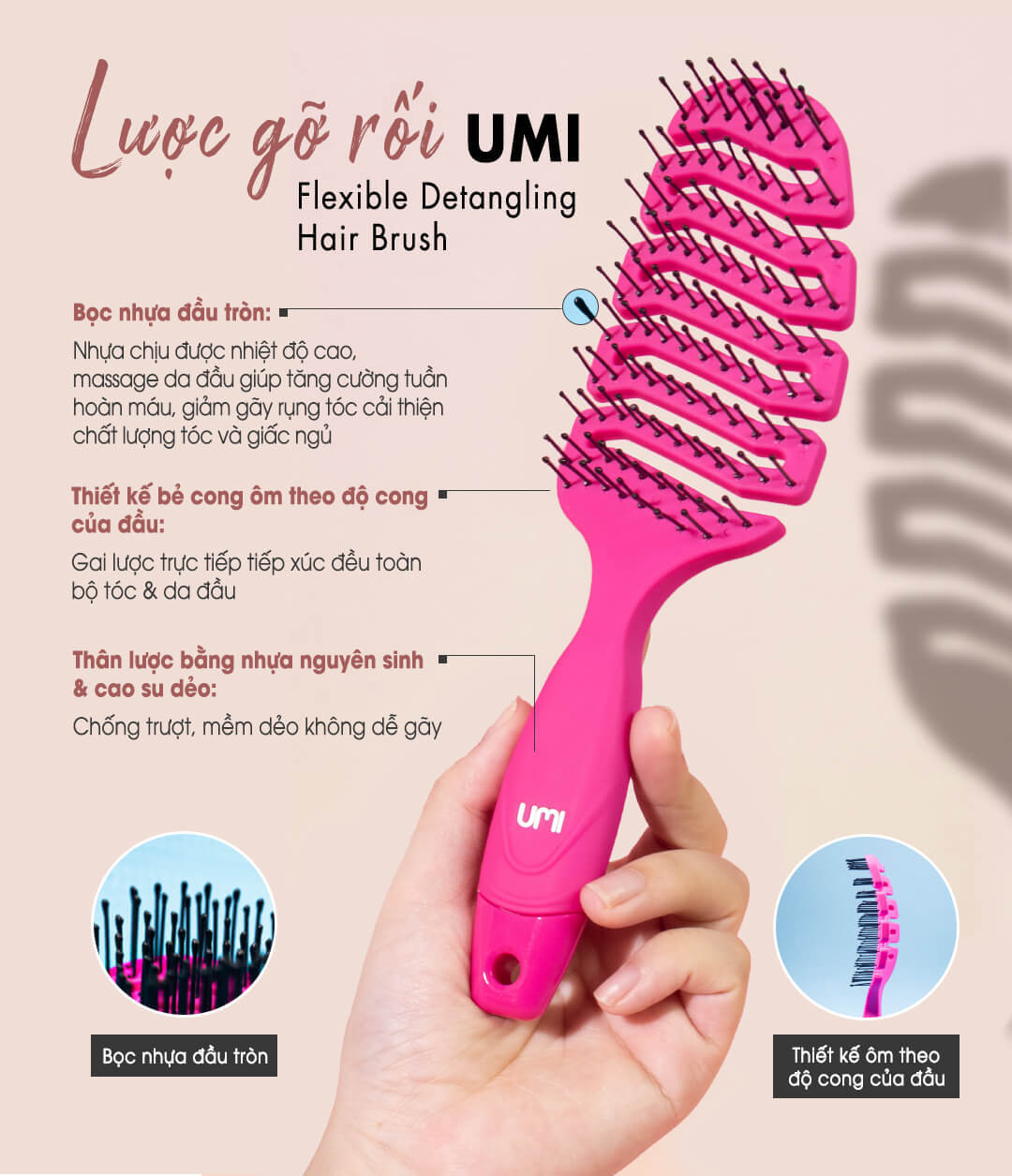 Bộ lược gỡ rối UMI với thiết kế công thái học giúp mẹ dễ dàng chăm sóc tóc, ngăn rụng tóc sau sinh. Lược có bọc nhựa chịu nhiệt, massage da đầu và cải thiện chất lượng tóc cho mẹ và bé.