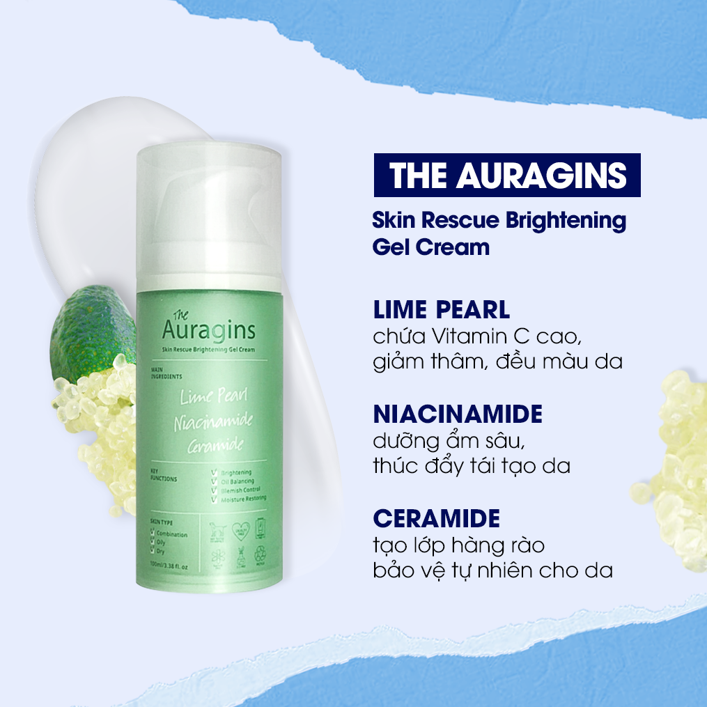 Kem Dưỡng Ẩm The Auragins Skin Rescue Brightening Gel Cream giúp da dầu giữ ẩm, cung cấp Vitamin C, Niacinamide và Ceramide, bảo vệ và làm sáng làn da, phù hợp cho mùa đông.