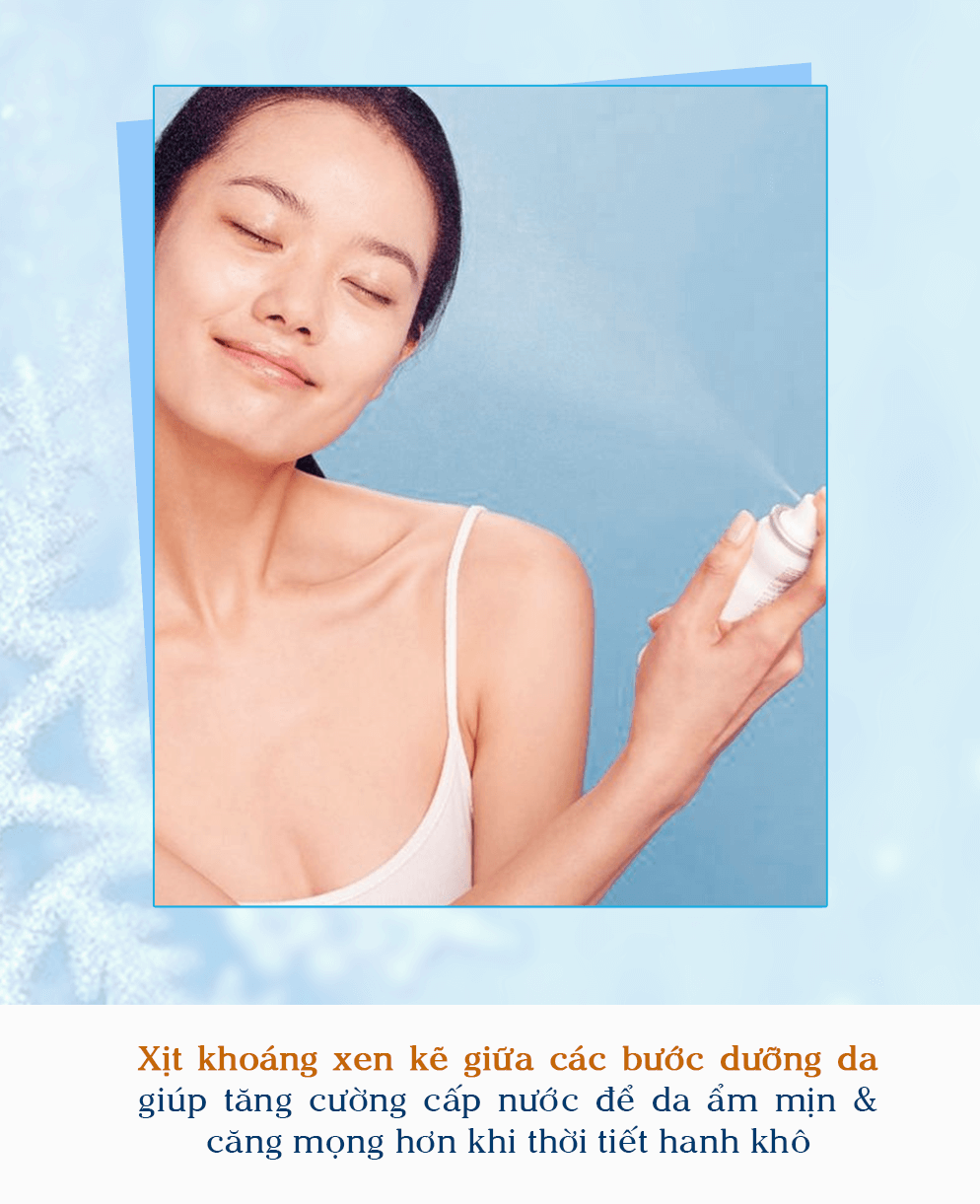Xịt khoáng xịt giúp cung cấp độ ẩm và làn da mịn màng hơn trong mùa đông. Bài viết đề cập đến kem dưỡng ẩm cho mùa đông và các sản phẩm phù hợp cho da khô và da dầu.