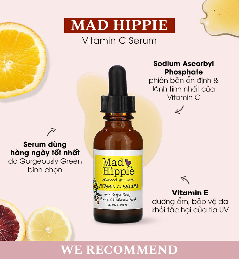 Serum Vitamin C Mad Hippie chứa Sodium Ascorbyl Phosphate, giúp dưỡng trắng hiệu quả. Cùng với Vitamin E và Hyaluronic Acid, sản phẩm tăng cường khả năng dưỡng ẩm và bảo vệ da khỏi tác động của tia UV, là lựa chọn lý tưởng cho da.