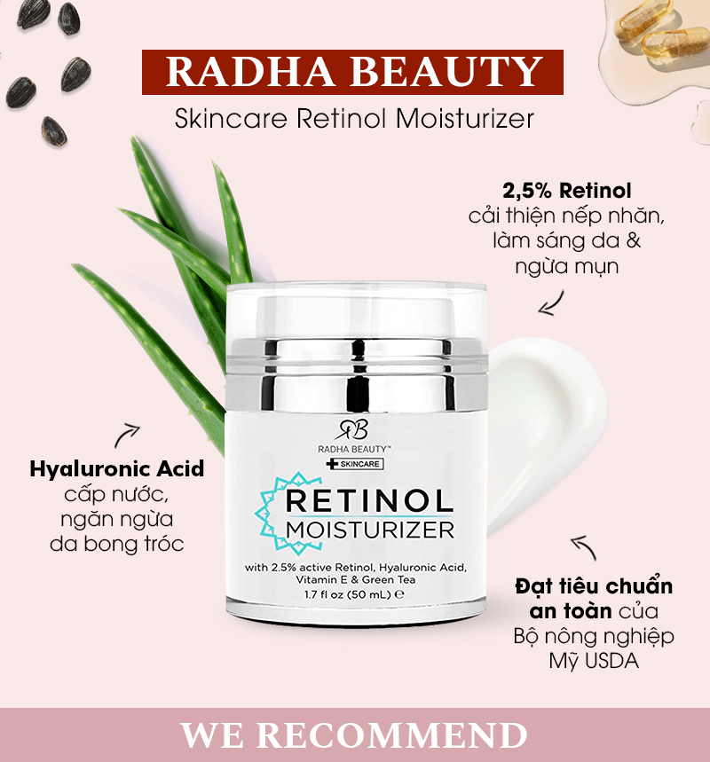 Radha Beauty Retinol Moisturizer chứa 2,5% Retinol, Hyaluronic Acid cấp nước, Vitamin E và trà xanh, giúp cải thiện nếp nhăn, làm sáng da và ngăn ngừa mụn. Sản phẩm đạt tiêu chuẩn an toàn của Bộ nông nghiệp Mỹ USDA.