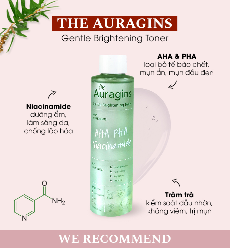 Toner làm sáng Gentle Brightening Toner của The Auragins, chứa Niacinamide giúp dưỡng ẩm, làm sáng da và chống lão hóa. Với AHA và PHA, sản phẩm giúp loại bỏ tế bào chết, kiểm soát dầu nhờn, trị mụn hiệu quả.