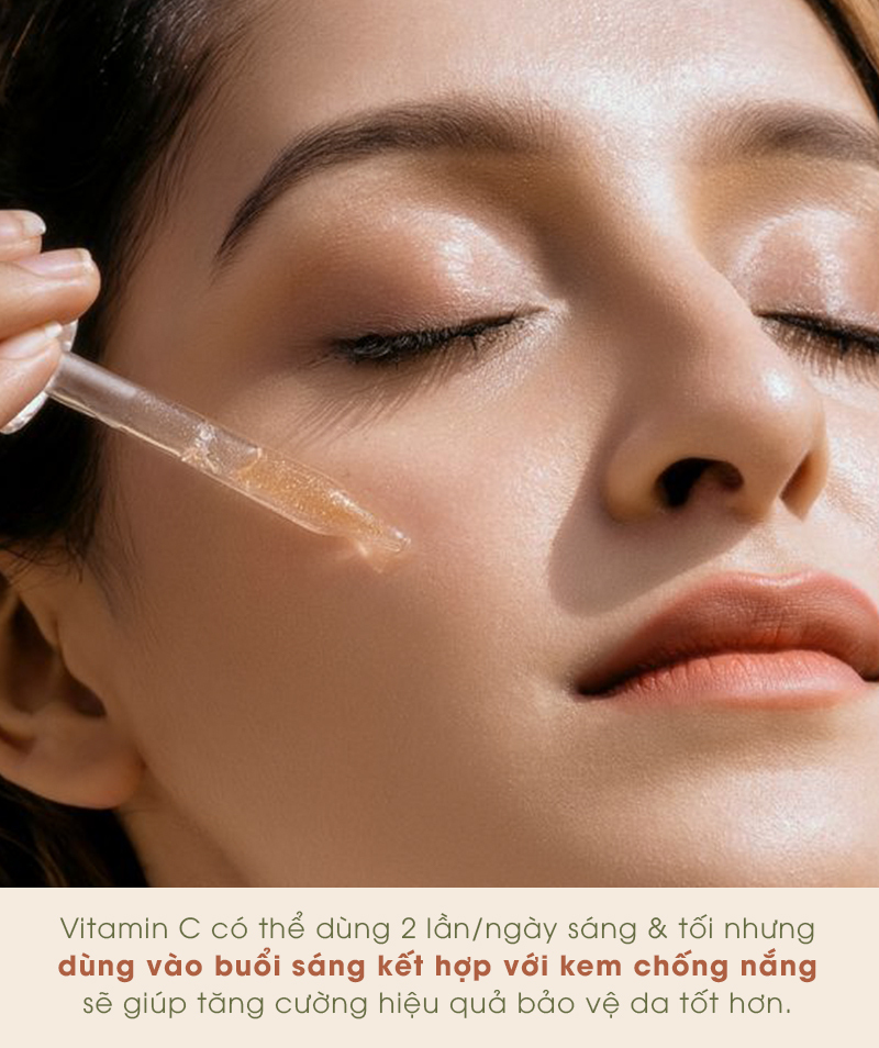 Vitamin C có thể dùng 2 lần/ngày sáng & tối nhưng dùng vào buổi sáng kết hợp với kem chống nắng sẽ giúp tăng cường hiệu quả bảo vệ da tốt hơn. Khả năng dưỡng trắng, xóa mờ thâm nám và chống lão hóa của Vitamin C.