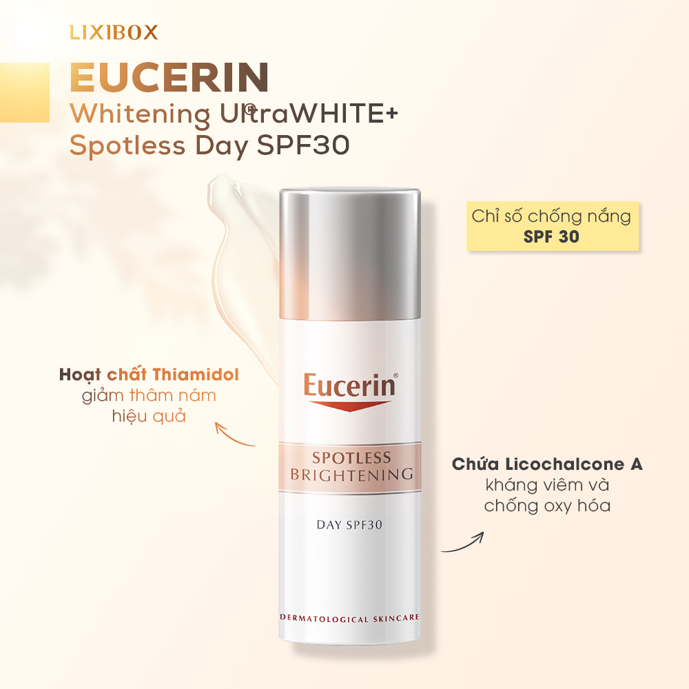 Eucerin Whitening UltraWHITE+ Spotless Day SPF30, sản phẩm kem dưỡng ẩm tích hợp chỉ số chống nắng SPF 30, với hoạt chất Thiamidol hỗ trợ giảm thâm nám hiệu quả và Licocalcone A giúp kháng viêm, chống oxy hóa. Đây là sự lựa chọn tuyệt vời cho việc bảo vệ da hàng ngày.