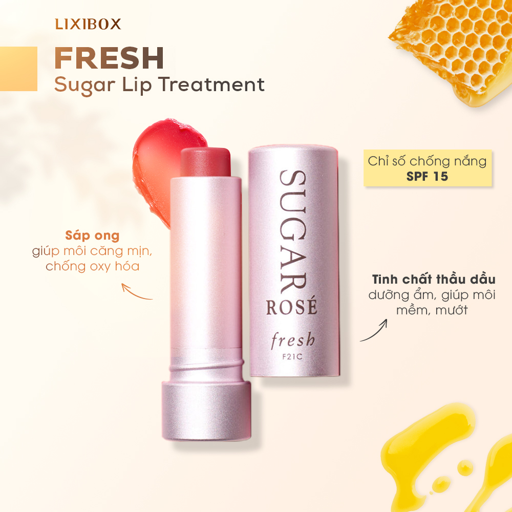 Kem dưỡng môi Fresh Sugar Lip Treatment với chỉ số chống nắng SPF 15, chứa sáp ong giúp môi căng mịn và tinh chất dầu dưỡng ẩm, giữ cho môi mềm mại. Sản phẩm này không chỉ dưỡng ẩm mà còn bảo vệ da môi khỏi tác động của môi trường.