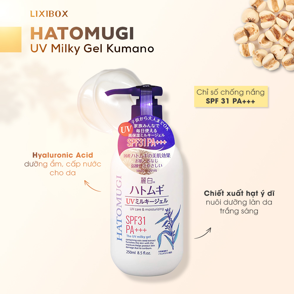 HatoMugi UV Milky Gel Kumano chứa Hyaluronic Acid giúp dưỡng ẩm, cấp nước cho da. Chỉ số chống nắng SPF 31 PA+++ bảo vệ da hiệu quả. Sản phẩm là lựa chọn tốt cho kem dưỡng ẩm và kem chống nắng.
