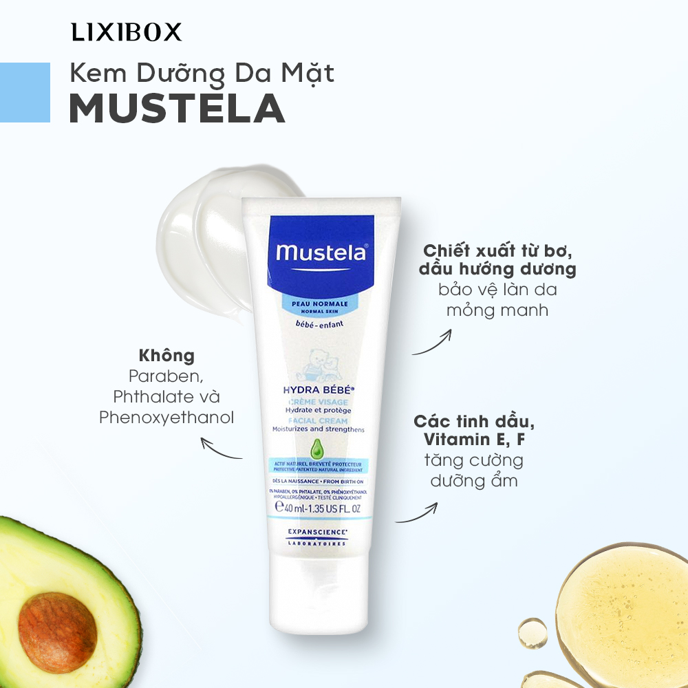 Kem dưỡng da mặt Mustela cho mẹ và bé, không chứa paraben, phthalate và phenoxyethanol, chiết xuất từ bơ, vitamin E và F giúp bảo vệ và dưỡng ẩm cho làn da nhạy cảm.