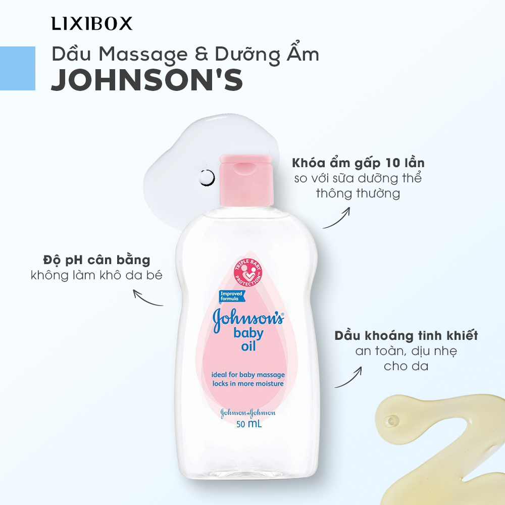Dầu massage và dưỡng ẩm Johnsson's 50ml, lý tưởng cho việc massage bé với công thức khóa ẩm gấp 10 lần, độ pH cân bằng, an toàn cho da nhạy cảm, giúp mẹ bỉm hiện đại chọn sản phẩm phù hợp cho mẹ và bé.