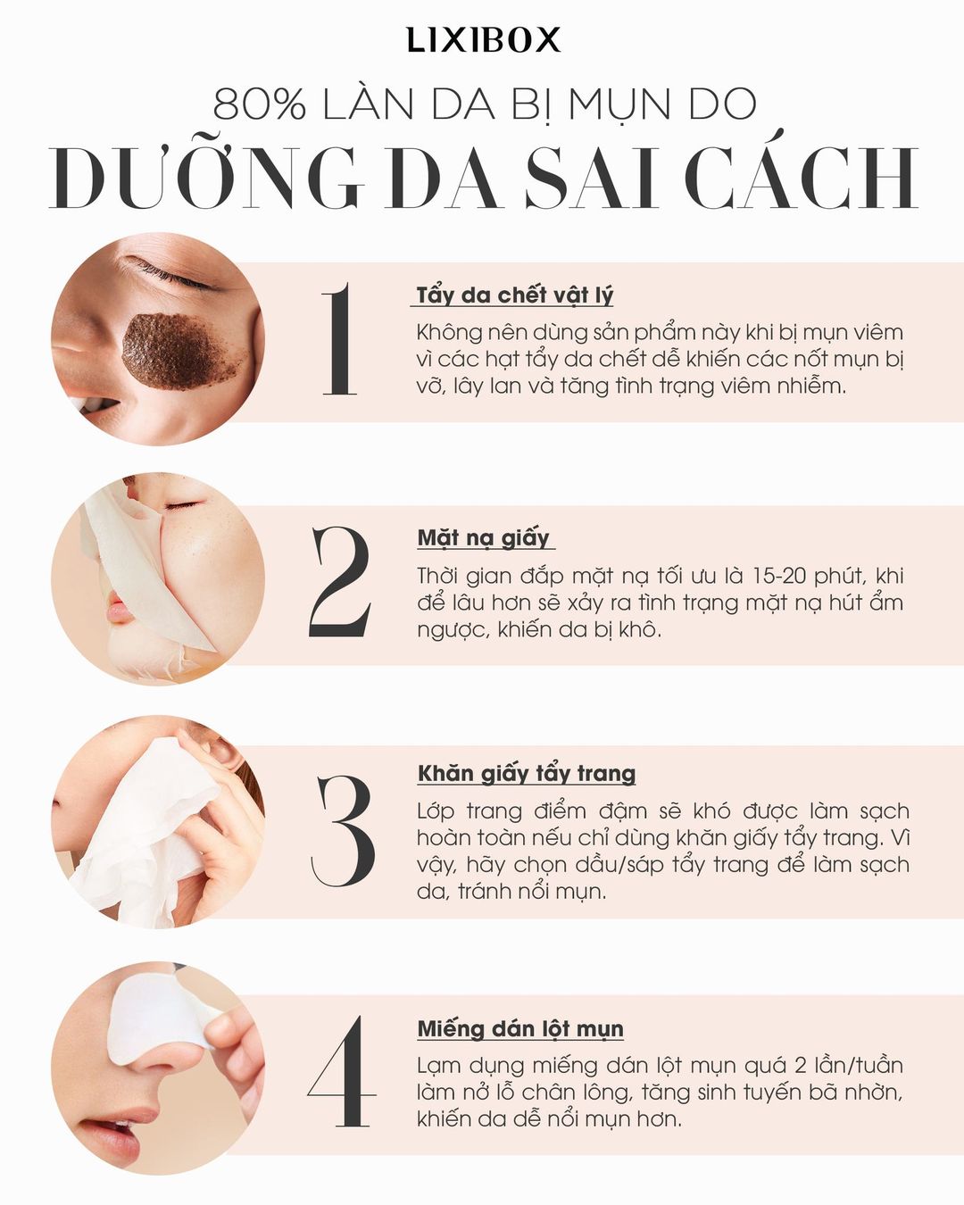 Bóc mẽ 4 món skincare khiến da xuống cấp trầm trọng nếu dùng sai cách. Tìm hiểu các sai lầm khi tẩy da chết, đắp mặt nạ giấy, sử dụng khăn giấy tẩy trang, và miếng dán lột mụn có thể ảnh hưởng xấu đến chăm sóc da.